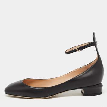 Pre Owned Valentino Black Leather Tango Ankle Strap Ballet Flats Size 38
