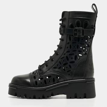Pre Owned Valentino Black Leather Atelier Combat Boots Size 38.5