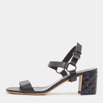 Pre Owned Valentino Black Leather Rockstud Ankle Strap Sandals Size 38.5