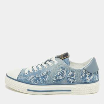 Pre Owned Valentino Navy Blue/White Denim and Leather Butterfly Low Top Sneakers Size 40