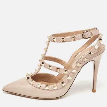 Pre Owned Valentino Dusty Pink Patent Leather Rockstud Ankle Strap Pumps Size 35