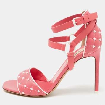 Pre Owned Valentino Pink/White Leather Rockstud Ankle Strap Sandals Size 38