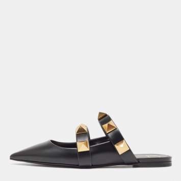 Pre Owned Valentino Black Leather Roman Stud Flat Mules Size 38