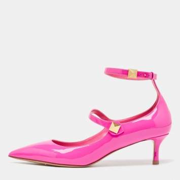 Pre Owned Valentino Pink Patent Leather Rockstud Ankle Cuff Pointed Toe Pumps Size 40