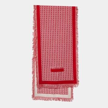 Pre Owned Valentino Red Optical V-Logo Wool Poncho Scarf