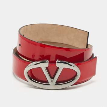 Pre Owned Valentino Red Patent Leather VLogo Buckle Belt 85 CM