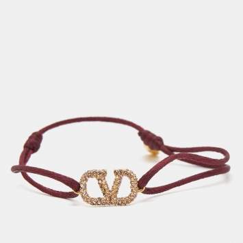 Pre Owned Valentino VLogo Crystals Gold Tone Cord Bracelet