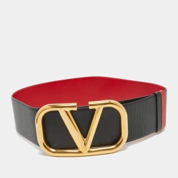 Pre Owned Valentino Black/Red Leather VLogo Reversible Wide Belt 105 cm