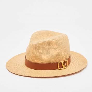 Pre Owned Valentino Garavani Brown Straw and Leather Trim Fedora Hat
