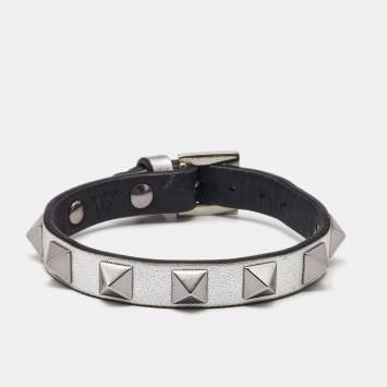 Pre Owned Valentino Rockstud Leather Silver Tone Bracelet