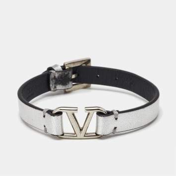 Pre Owned Valentino VLogo Silver Leather Bracelet