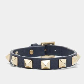 Pre Owned Valentino Rockstud Navy Blue Leather Bracelet
