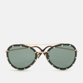 Pre Owned Valentino Gold/Green VA2013 Crystals Embellished Aviator Sunglasses