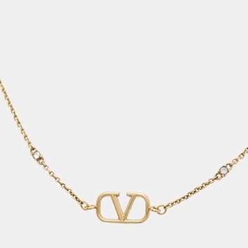 Pre Owned Valentino Vlogo Signature Crystal Gold Tone Necklace
