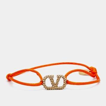 Pre Owned Valentino Vlogo Crystal Gold Tone Orange Cord Bracelet