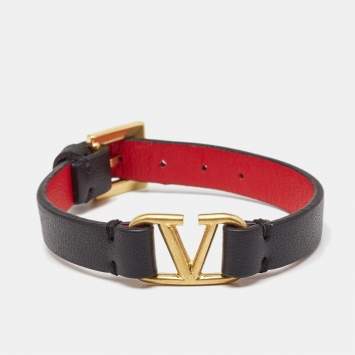 Pre Owned Valentino Vlogo Black Leather Gold Tone Bracelet