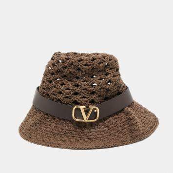 Valentino Brown Vlogo Leather Belted Crochet Fedora Hat M