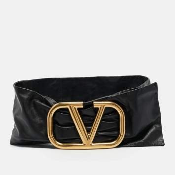 Pre Owned Valentino Black Leather Pleated Vlogo Wide Belt 85CM