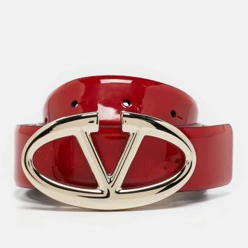 Pre Owned Valentino Red Patent Leather VLogo Buckle Belt 85 CM