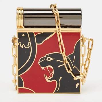 Pre Owned Valentino Black/Red Enamel Panther Lipstick & Mirror Minaudiere