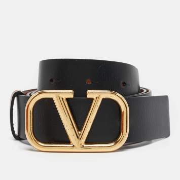 Pre Owned Valentino Black/Brown Leather VLogo Reversible Belt 80CM