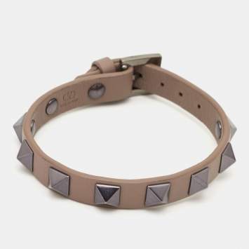 Pre Owned Valentino Rockstud Leather Gunmetal Tone Wrap Bracelet