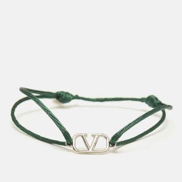 Pre Owned Valentino VLogo Silver Tone Green Cord Bracelet