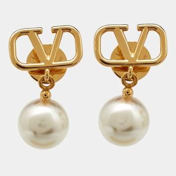 Pre Owned Valentino VLogo Signature Faux Pearl Gold Tone Drop Earrings
