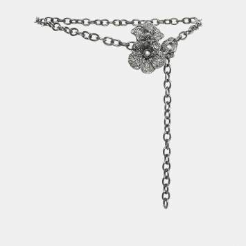 Pre Owned Valentino Crystal Flower Gunmetal Tone Chain Link Belt 95 CM