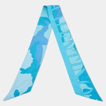Pre Owned Valentino Blue Camouflage Print Silk Bandeau