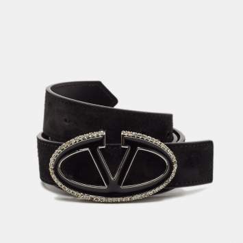 Pre Owned Valentino Black Suede and Leather VLogo Crystals Reversible Belt 80CM