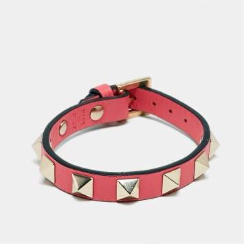 Pre Owned Valentino Rockstud Pink Leather Gold Tone Bracelet