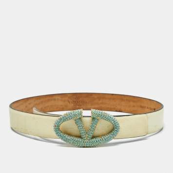 Pre Owned Valentino Cream Leather VLogo Crystals Embellished Belt 65CM
