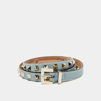 Pre Owned Valentino Blue Leather Rockstud Slim Belt 95 CM