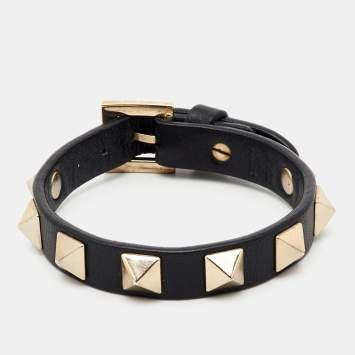 Pre Owned Valentino Rockstud Black Leather Gold Tone Bracelet
