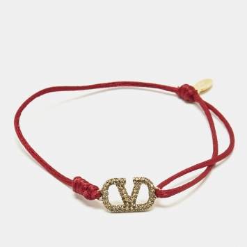 Pre Owned Valentino Vlogo Crystals Gold Tone Cord Bracelet