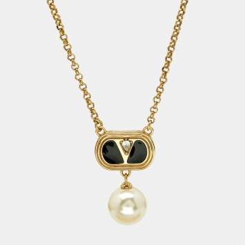 Pre Owned Valentino Crystals Enamel Faux Pearl Gold Tone Necklace