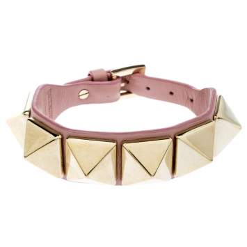 Pre Owned Valentino Rockstud Gold Tone Pink Leather Bracelet