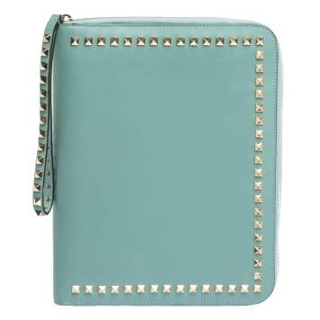 Pre Owned Valentino Mint Green Leather Rockstud Zip Around iPad Case