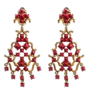 Pre Owned Valentino Red Resin Gold Tone Clip-on Dangle Earrings