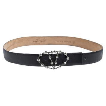Pre Owned Valentino Black Leather Crystal Embellished V Logo Belt 80CM