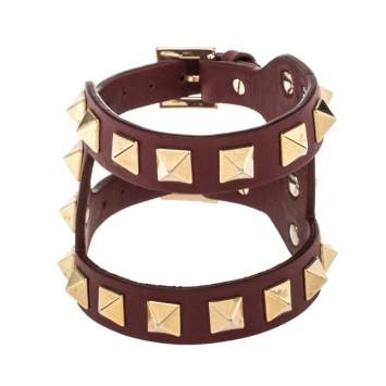 Pre Owned Valentino Oxblood Leather Gold Tone Rockstud Wide Bracelet