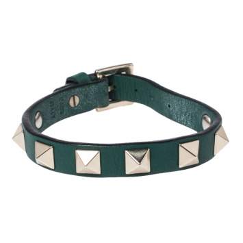 Pre Owned Valentino Green Leather Pale Gold Tone Rockstud Bracelet