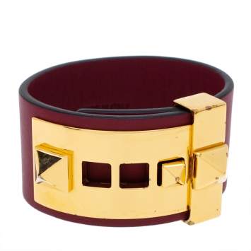Pre Owned Valentino Burgundy Leather Rockstud Wide Bracelet 
