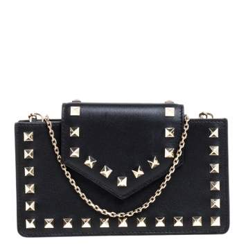 Pre Owned Valentino Black Leather Rockstud Chain Phone Case