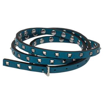 Pre Owned Valentino Blue Leather Mini Rockstud Gunmetal Tone Triple Wrap Bracelet