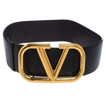 مملوكة مسبقًا Valentino Black Leather VLogo Wide Belt 75 CM
