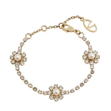 Pre Owned Valentino Faux Pearl Crystal Embellished Gold Tone Flower Bracelet