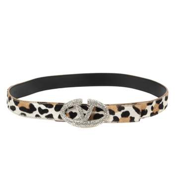 مملوكة مسبقًا Valentino Tri Color Leopard Print Calf Hair Crystal Embellished Logo Belt 85CM