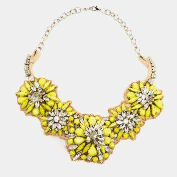 Pre Owned Valentino Fluoro Flowers Green Crystal Silver Tone collar Necklace